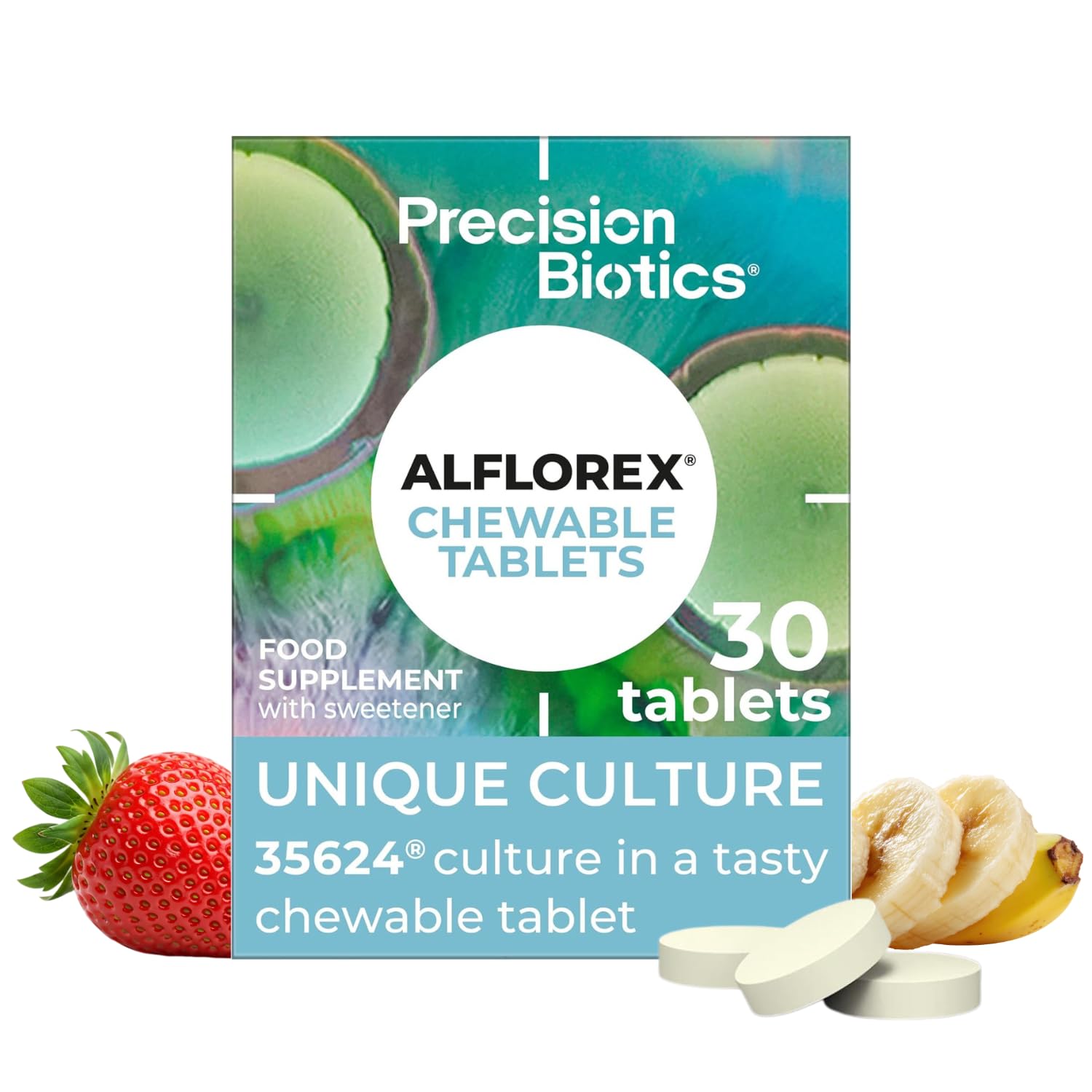 Alflorex Chewable - Daily Gut Health Probiotics Supplement with Unique Bifidobacterium Longum Bacteria Strain 35624® - Bacterial Cultures - Strawberry & Banana Flavour - 30 Chewable Tablets