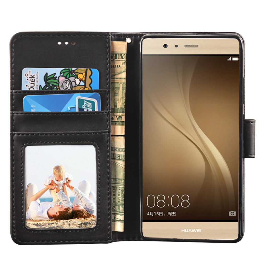 Huawei P9 Case, MagicSky Wallet Case Folio Flip Premium PU Leather Case Cover with Card Holder Slot Pockets, Wrist Strap, Magnetic Closure For Huawei P9 -Black