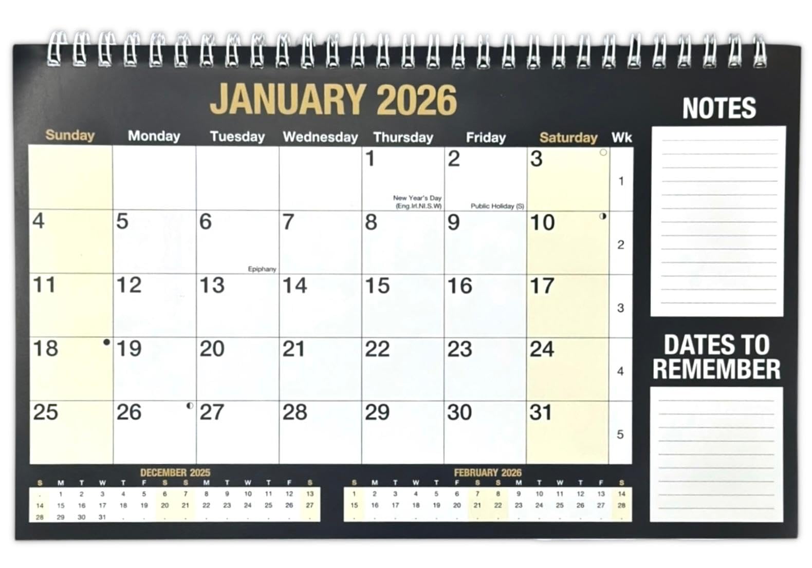 PaulStore 2026 Month to View Desktop Planner Calendar for Home Office and School Use Black & White Spiral Bound Free Standing
