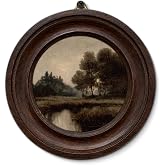 Framed Vintage River Landscape Round Wall Art, Rustic Nature Wall Decor | Retro Nature River Round Wall Art, Farmhouse Landscape Hanging Wall Decorations for Home Living Room Bedroom