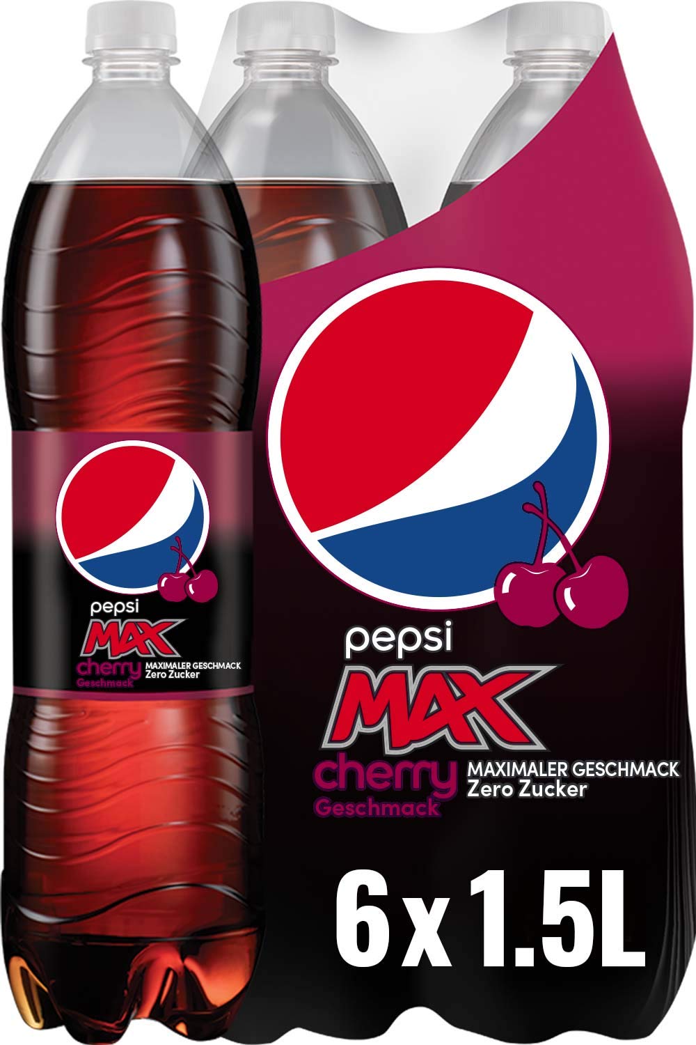 Pepsi Max Cherry Das Zuckerfreie Erfrischungsgetrank Von Pepsi Ohne Kalorien Koffeinhaltige Cola In Der Flasche Mit Kirschgeschmack 6 X 1 5l Amazon De Lebensmittel Getranke