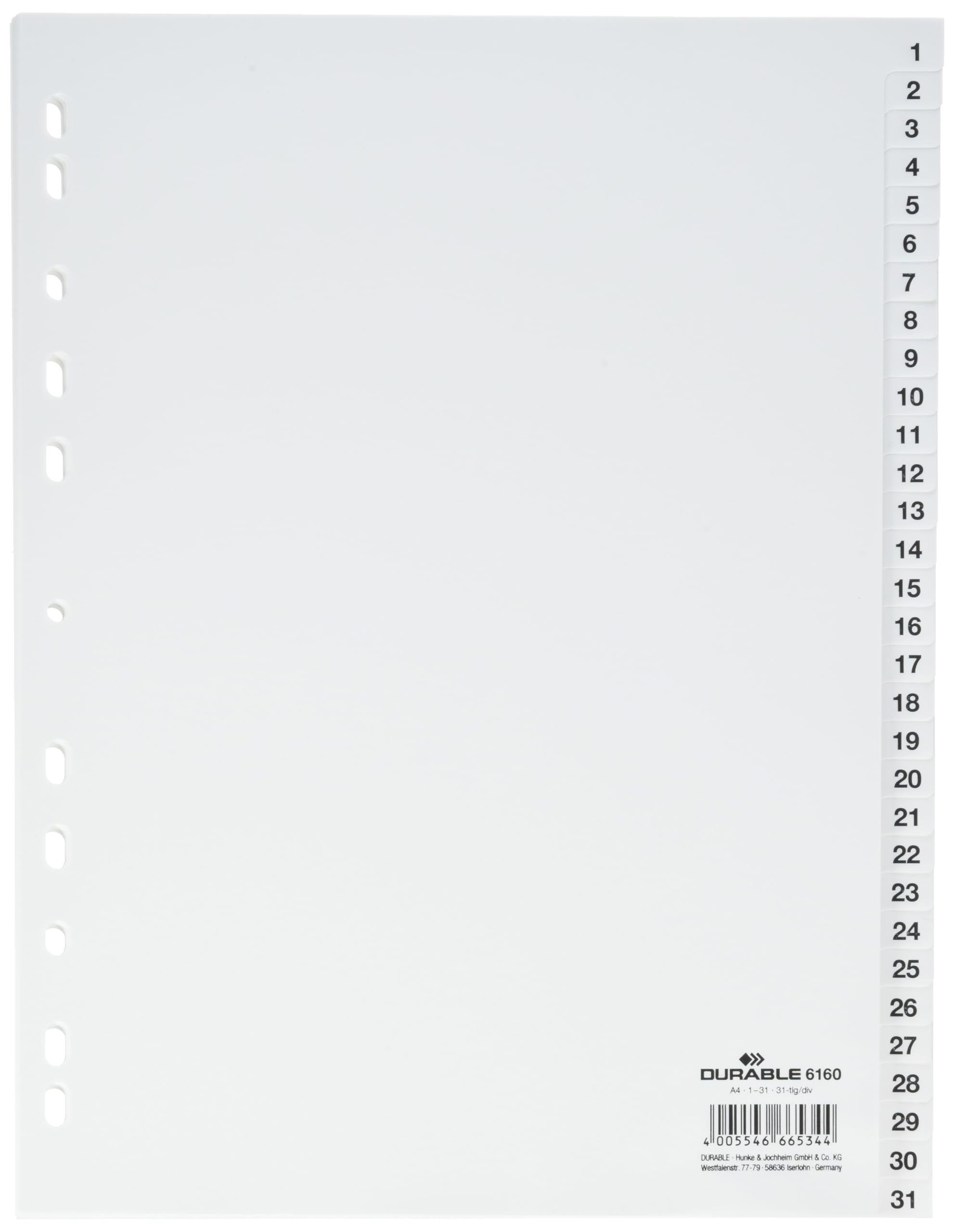 Durable Index Files Labled 1-31 - Pre Printed Tabs with Universal Punching - Pack of 1 White Index Sheets - Organise Your Important Documents