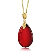 Red Amber Pendant Necklace for Women, Gold Plated Sterling Silver 925 Chain, Polished Gemstone Pendant, Dainty Womens Jewelry, 18 inch gold plated chain