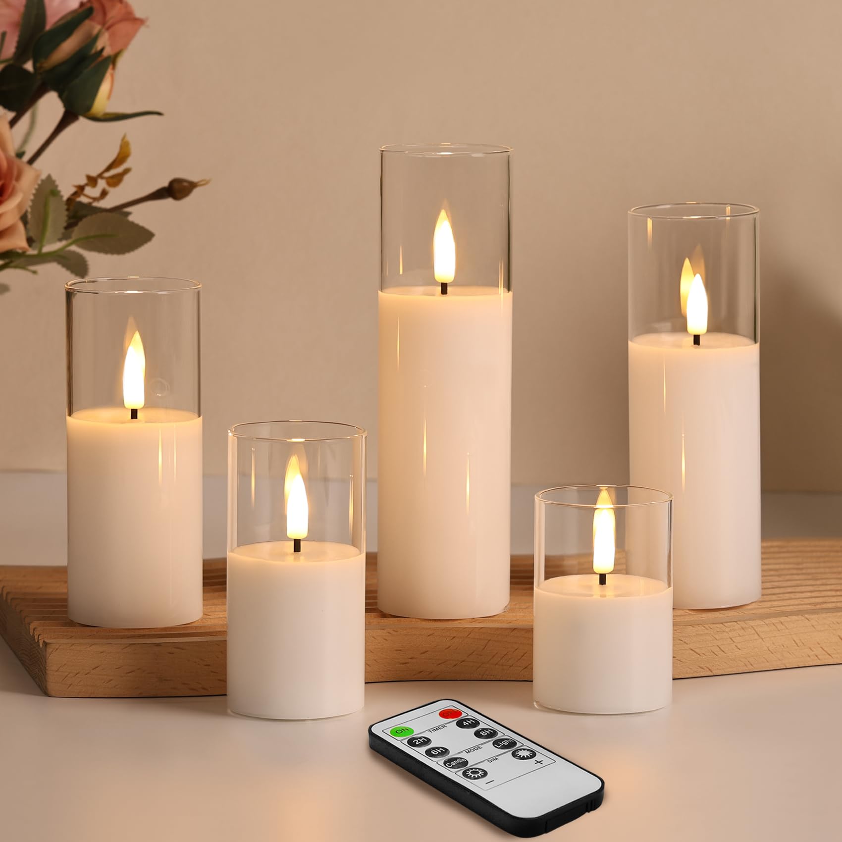 Photo 1 of Eywamage Clear Glass Flameless Candles with Remote Batteries, Slim Tall LED Pillar Candles Battery Powered, Set of 5