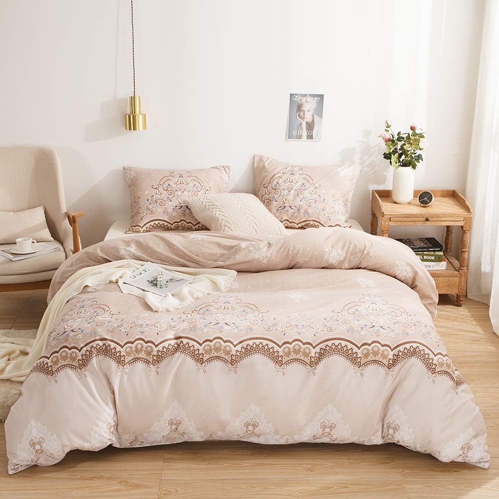 Taupe Lace Bedding Luxury Flowers Duvet Cover Set Flowers and Lace Pattern Design Boys Girls Bedding Sets King 1 Duvet Cover 2 Pillowcases (Taupe, King)