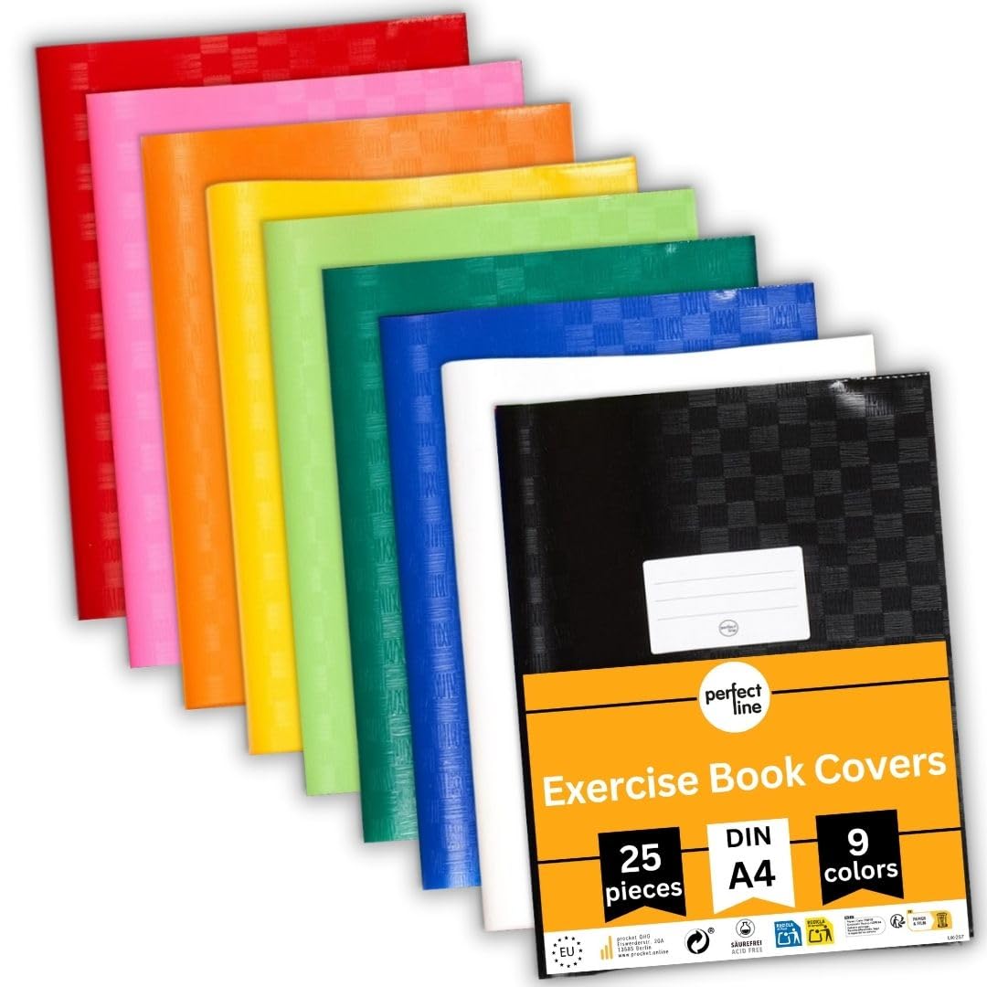 Perfect Line • Pack of 25 Exercise Book, 8.34 x 11.69 Inch, Recyclable Plastic Cover, 9, Book Cover Protector DIN A4