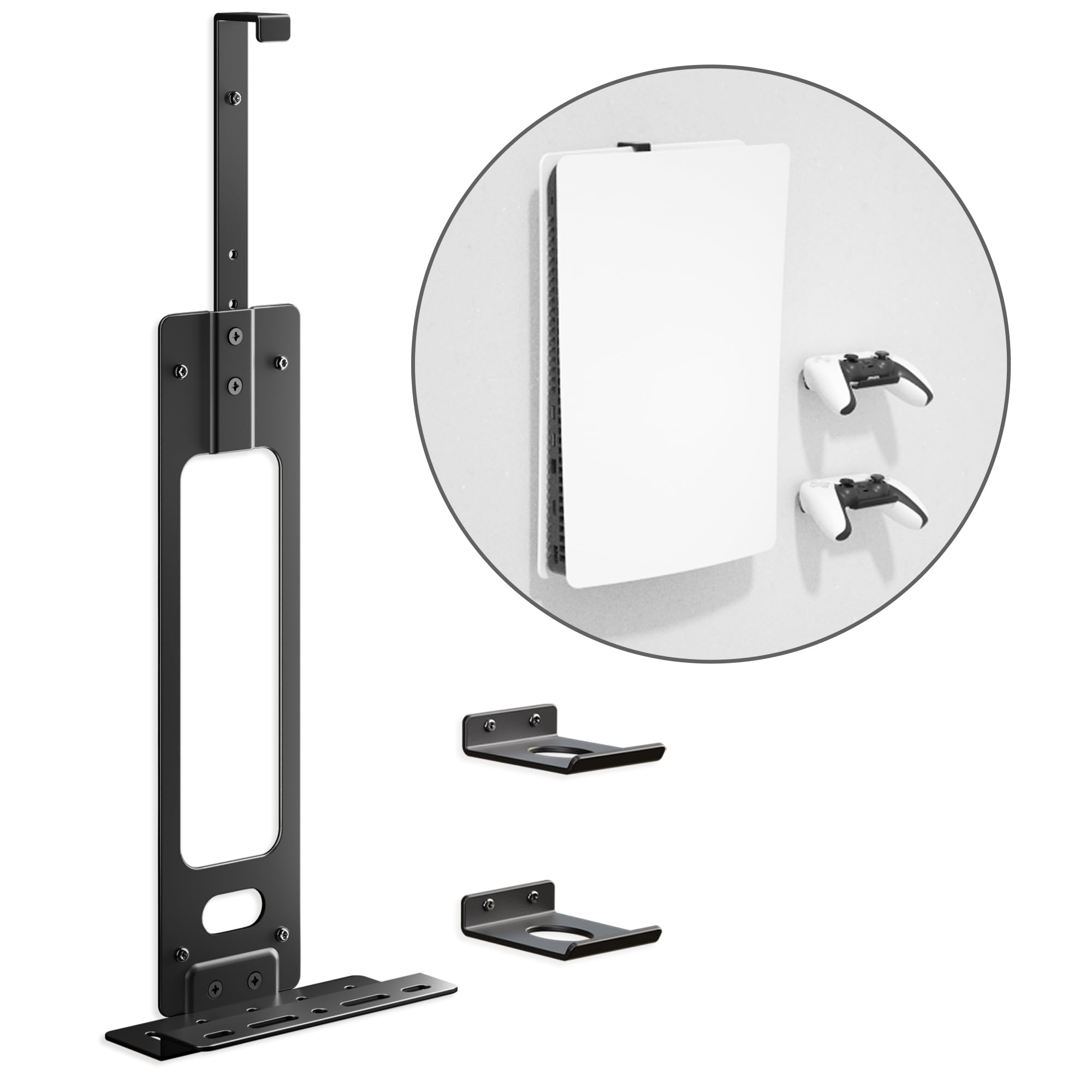 Photo 1 of Upgraded Adjustable Console Holder Wall Mount for PS5: Black Gaming Stand for PlayStation 5/PS5 Slim/Pro Digital Disc Edition With 2 Controller Kits Black