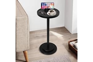 ELASIGNSHOPO Small Wood Drink Side Table Modern Round Pedestal Martini Table with Rotating Phone Holder, Weighted Base Cocktail Pedestal End Tables for Living Room, Bedroom, Patio, Black