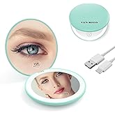 VANRIOS Rechargeable 15X Magnifying Pocket Mirror for Travel Makeup Compact 3.5 inch Round Folding Mirror with LED Light, Ideal Gift for Women and Rare Beauty(Cyan)