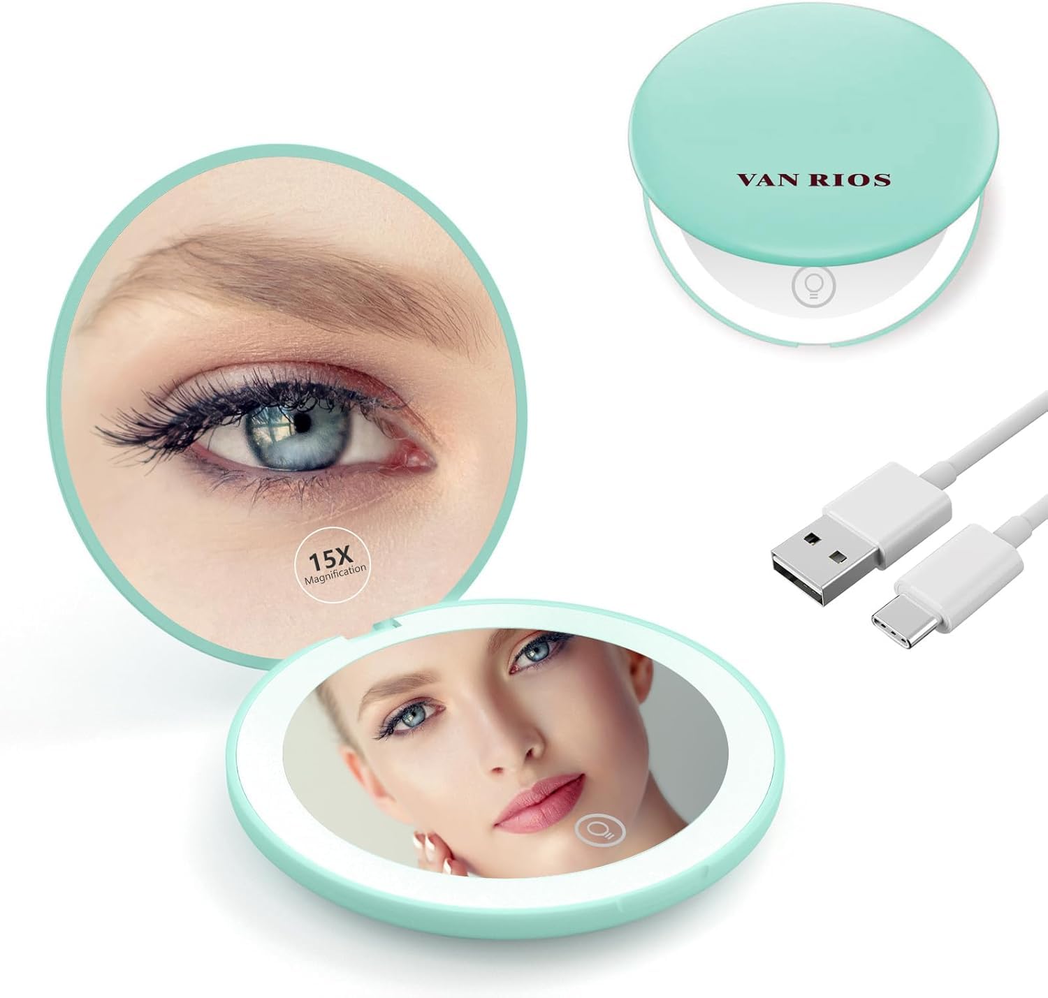 Photo 1 of VANRIOS Rechargeable 15X Magnifying Pocket Mirror for Travel Makeup Compact 3.5 inch Round Folding Mirror with LED Light, Ideal Gift for Women and Rare Beauty(Cyan)