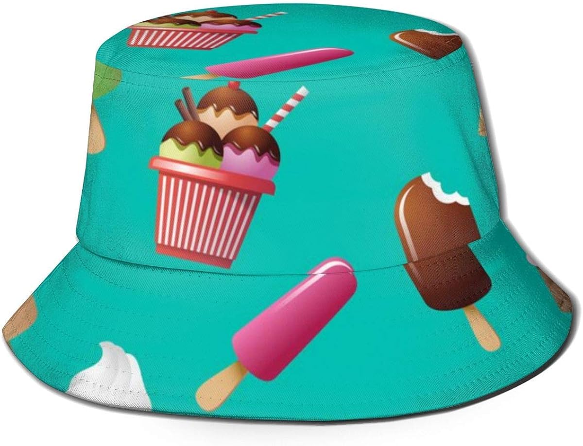 Flat top Breathable Bucket hat Unisex Summer Ice Cream PatternBucket