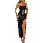 BAIMORE Women's Chic Strapless Tube Floral Lace Patchwork Thigh Split Bodycon Maxi Party Dress