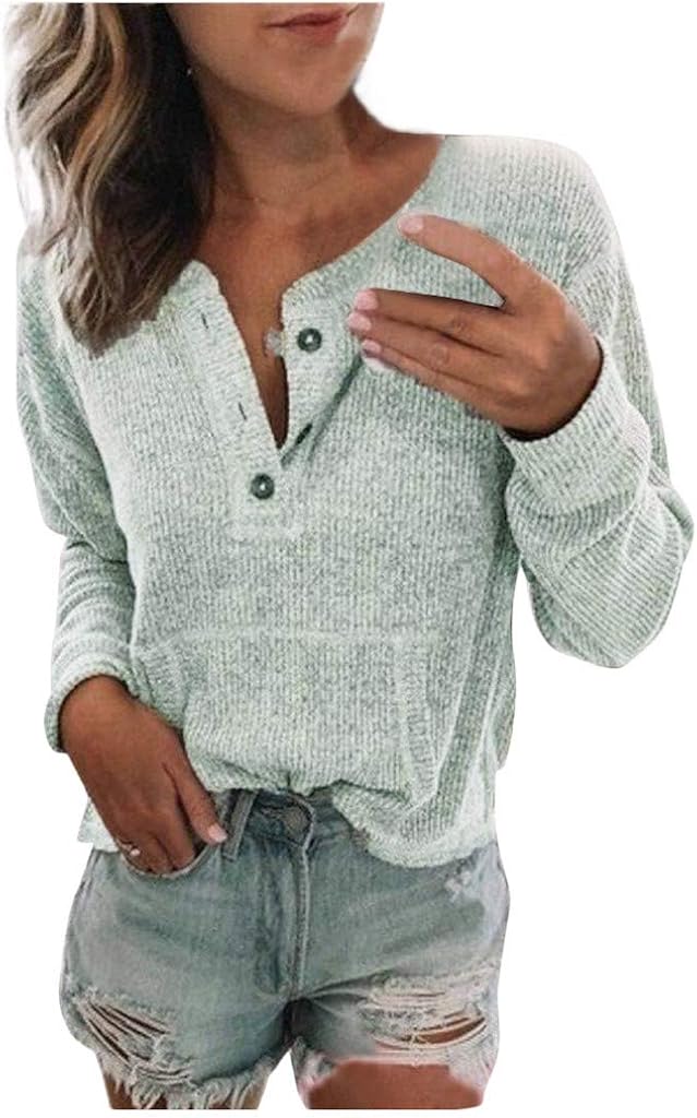 Claystyle Women's Waffle Knit Tunic Tops Loose Long Sleeve Button Up V Neck Henley Shirts