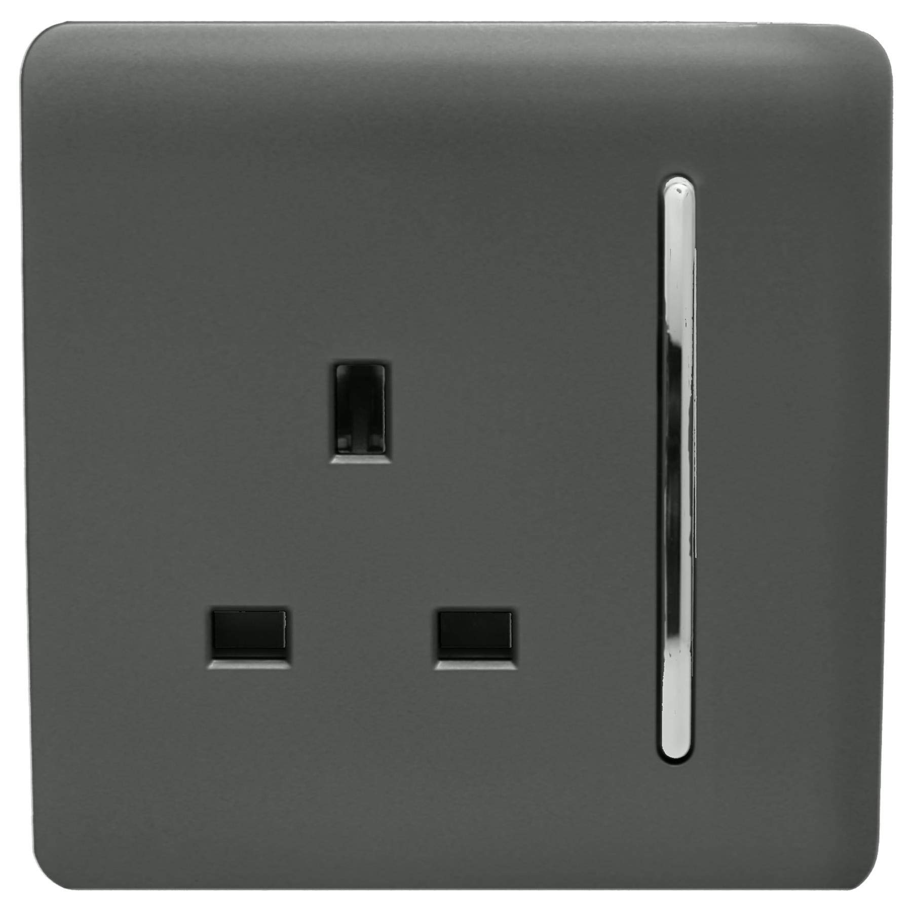 Trendi 1 Gang Raised Artistic Modern Glossy Screwless 13 Amp Single Pole with Chrome Switched UK Standard Electrical Double Wall Plug Socket in Charcoal Grey - ART-SKT13CH