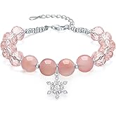 ZHOU LIU FU Sterling Silver Bracelets Silver Snowflakes Charm Chain Bracelet Pink Agate Glass Beads Link Bracelets Dainty Jewelry for Women Mom Daughter Birthday Anniversary 6.3-7.5"/16+3CM J0714472