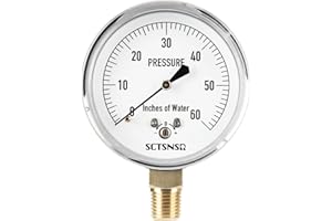 SCTSNSR 0 to 60 Inches of Water Column Pressure Gauge, Capsule Measurement System, 2.5 inch Dial, 1/4" NPT Lower Mount, Chrome Plated Case, for Gas Line, Regulator, Air, Low Pressure Test