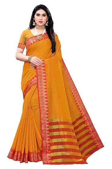 Womens Yellow Color Cotton Silk Striped Saree With Blouse Piece (EMMEA YELLOW_Free Size)