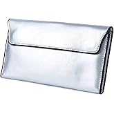 AurexaFashion Women's Genuine Real Leather Slim Envelope Wallet with Detached Card Holder, Magnetic Closure, Phone Holder Clutch (Silver)