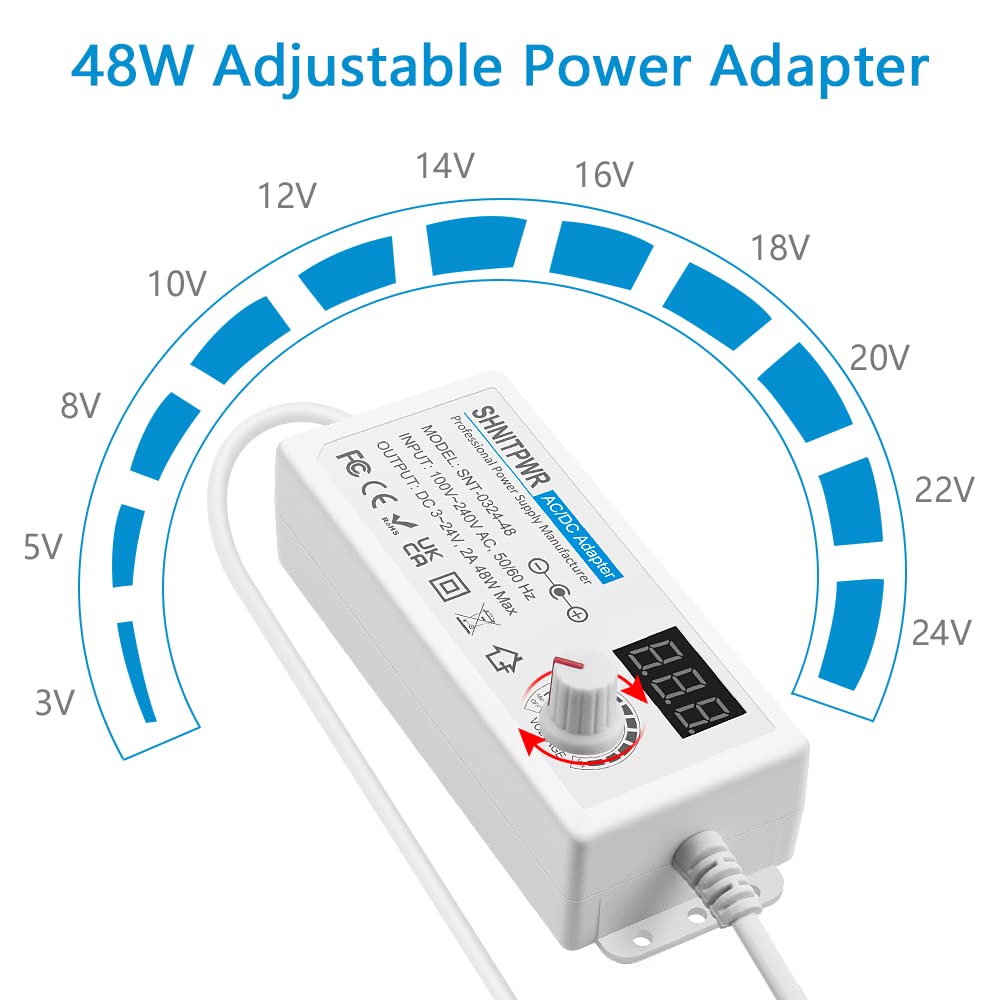 SHNITPWR Universal AC Adapter 3V~24V 2A 48W Adjustable Power Supply 100V-240V AC to DC 3V 5V 6V 9V 12V 15V 18V 19V 20V 24V Multi-Voltage Power Converter with 14 Tips Polarity Converter, White