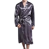 Lu's Chic Men's Satin Kimono Robe Silk Classic Long Bathrobe Pockets Lightweight Loungewear