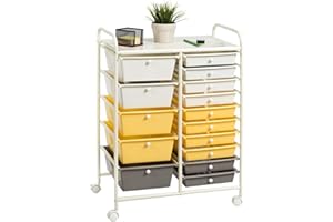 MEDIMALL 15 Drawers Rolling Storage Cart, Multipurpose Craft Storage Cart with Wheels, Mobile Tools Scrapbook Paper Organizer Cart for School Home Office Use (Yellow)