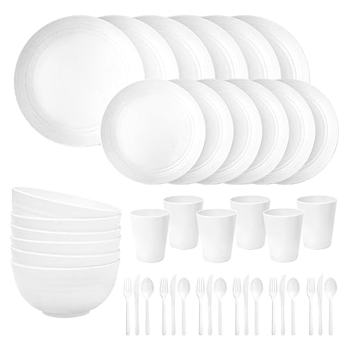 EI 42pcs Wheat Straw Dinnerware Set,White Plates and Bowls Sets,Reusable Plastic Plates Unbreakablefor College Dorm Room,Camping,Picninc