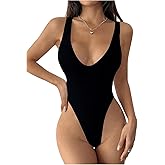 OYOANGLE Women's V Neck Ribbed Knit Tank Bodysuit Top Low Cut Fitted Bodysuits Leotard