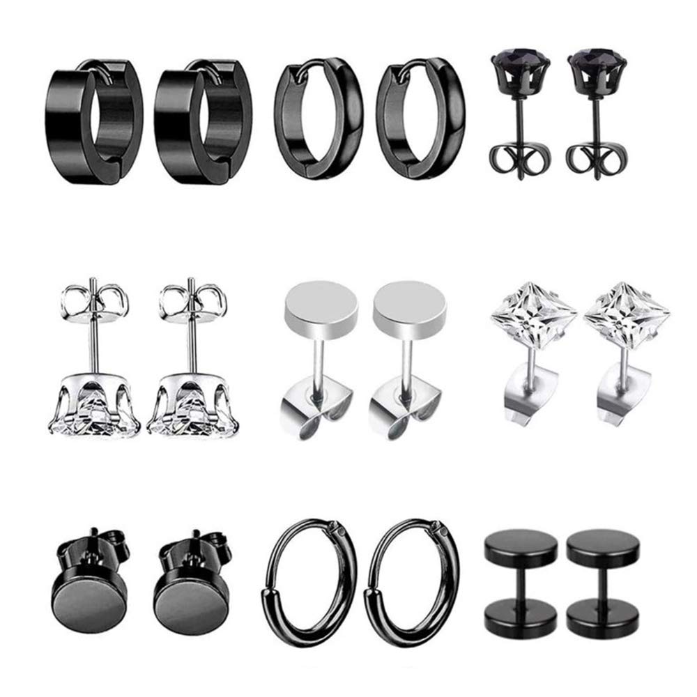 9 Pairs Stainless Steel Cross Earrings,Cross Dangle Hoop Earrings,Hoop Hypoallergenic Tiny Stud Earrings Set Piercing for Men Women Black