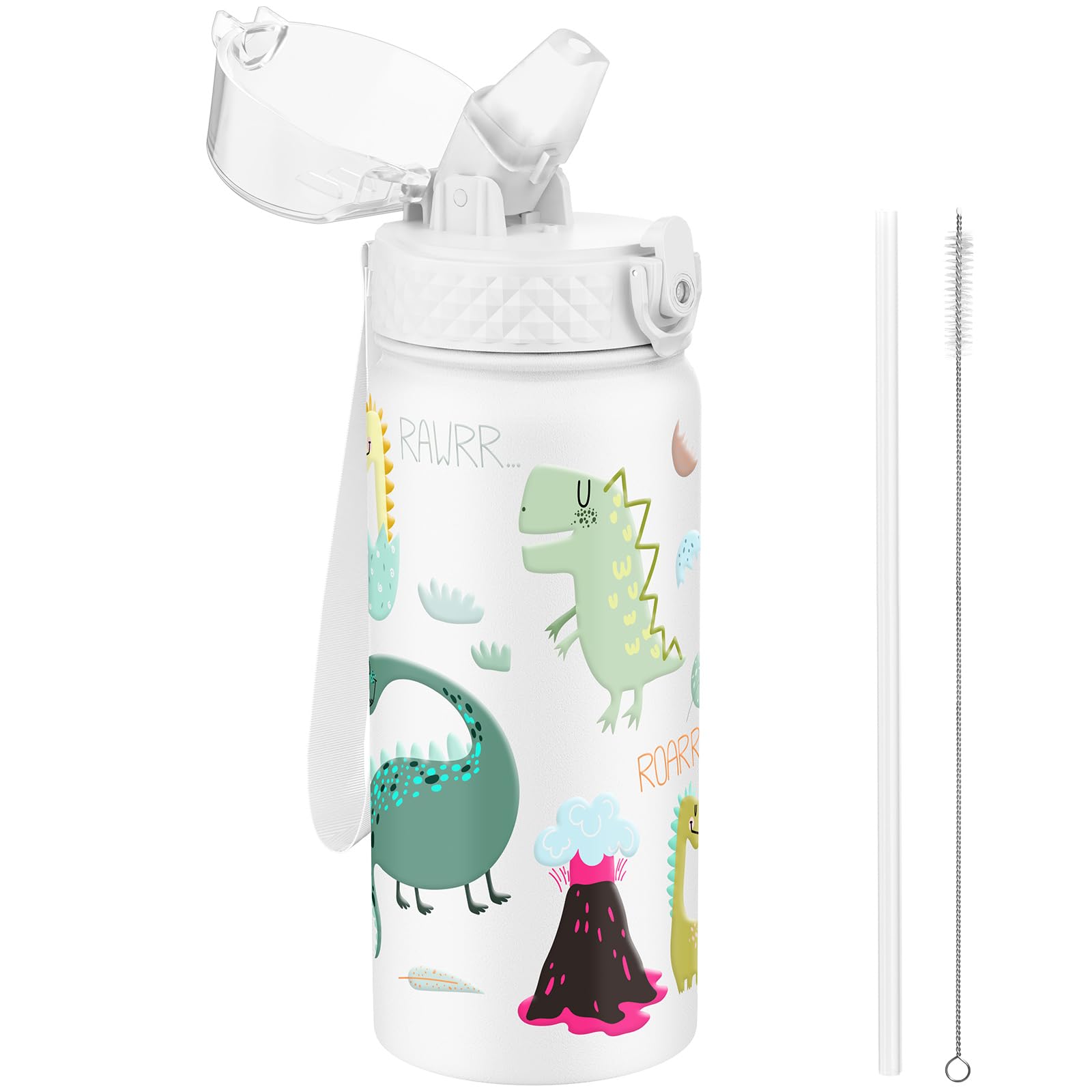 GOPPUS 550ml/18oz Kids Insulated Water Bottle with Straw Cute Double Wall Stainless Steel Child's Small Flask Vacuum Insulated Steel Metal Leak Proof Drink Flask Boys Toddler Girls Bottles BPA-Free
