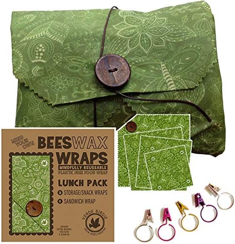 Mind Your Own Beeswax Wraps Lunch Kit Food Storage Pack for School or Office - 1 Small, 1 Medium, 1 Large Plus 1 Sandwich for no Plastic Wrap or Bags 0 Waste Reusable 4 Piece Set with Drying Clips