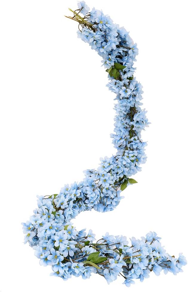 JUSTOYOU 2 x 5.7 ft Artificial Sakura Cherry Blossom Hanging Flowers Vine Fake Sakura Garland Home Garden Wedding Party Decoration (Blue)