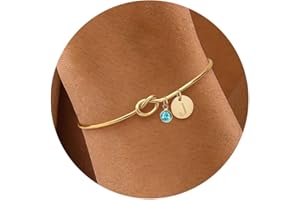 KAERUN Initial Birthstone Gold Bracelets for Women Trendy 14K Gold Plated Letter A-Z Initial Charm Bracelet Tie the Love Knot Adjustable Cuff Bangle Birthstone Bracelets Birthday Bridesmaid Proposal Gifts
