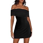 HYPERFIRE Women's Off Shoulder Mesh Mini Dress Short Sleeve Ruched Dresses Cocktail Going Out