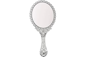 Vintage Hand Mirror with Handle - Cute Cosmetic Handheld Mirror Vanity Makeup Mirror Travel Mirrors 9.8x4.5in (Silver)