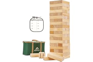 ApudArmis 60 PCS Giant Tumble Tower, (Stack up to 5Ft) Pine Wooden Stacking Timber Game with 1 Dice Set - Classic Block Giant
