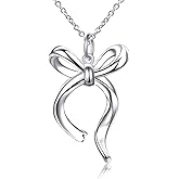 FLYOW S925 Sterling Silver Bow Necklace 14K White Gold Plated Elegant Bowknot Ribborn Pendant Necklace for Women Daughter Friend Jewelry
