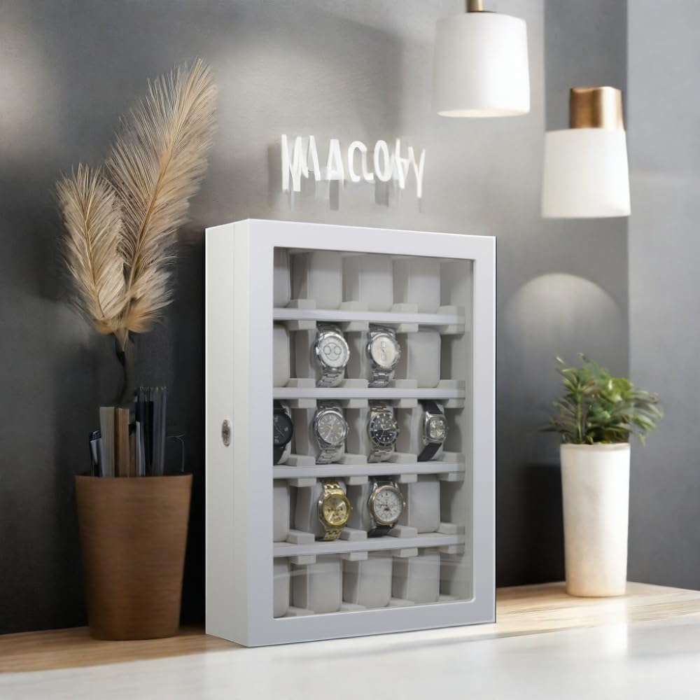 TimelyBuys 20 Piece White Wood Watch Display Wall Hanging Case and Storage Organizer Box and Stand for Oversized Watches