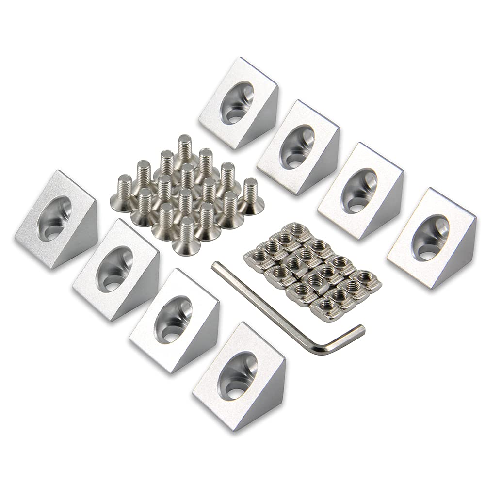 Zeberoxyz 8PCS Silver Angle Sharp Corner Bracket Connector with 16PCS M5x10mm Screws,16PCS M5 T-Nuts for 2020Series Slot 6mm Aluminum Extrusion Profile Accessories (8pcs Sharp Corner-Silver)