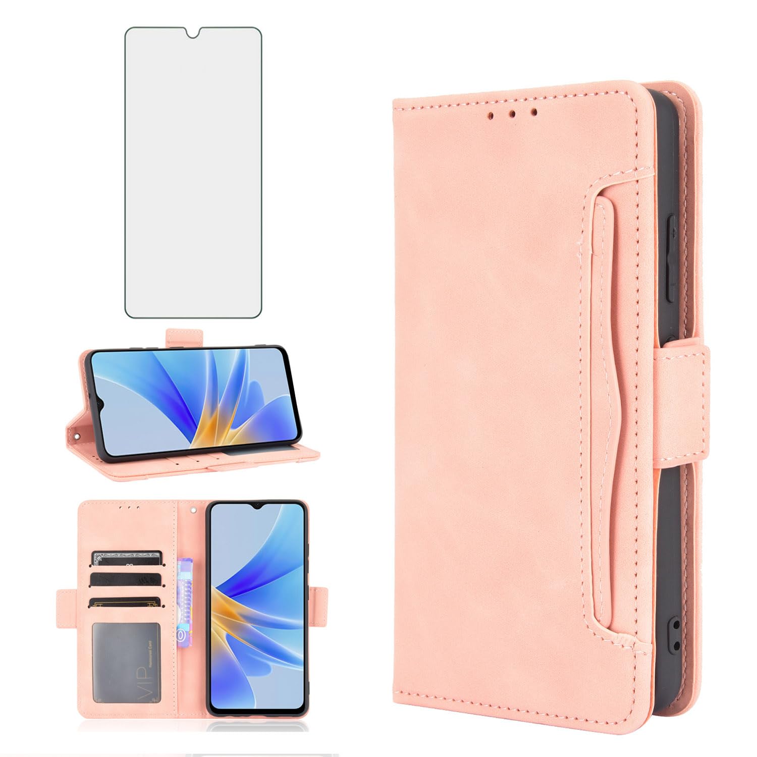 Asuwish Compatible with OPPO A17 Wallet Case and Tempered Glass Screen Protector Card Holder Stand Leather Flip Cell Accessories Phone Cover for OPPOA17 A17case Women Men Rose Gold