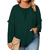 Eytino Womens Plus Size Tops Long Sleeve Crewneck Dressy Casual Chiffon Blouse Flowy Shirts(1X-5X)