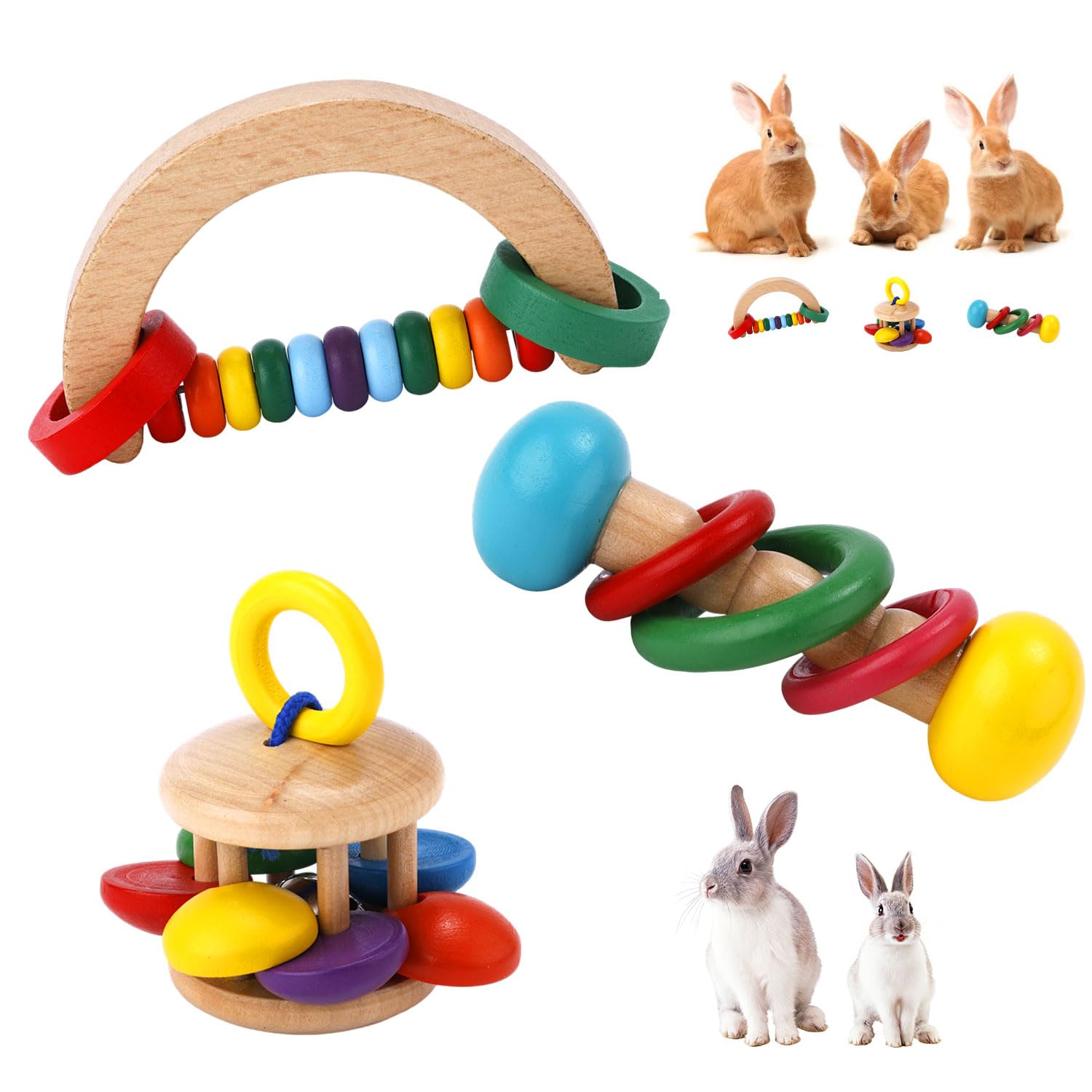 XIHIRCD Wooden Bunny Toys, Safe Rabbit Toys Wooden Rattle Toys Bite-Resistant Guinea Pigs Toys for Chinchillas Hamsters Parrots Small Animals Playing Teeth Grinding Chew