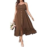 SCOMCHIC Womens Plus Size Summer Dresses Sleeveless Spaghetti Strap Button Down Smocked Beach Long Maxi Dress with Slit