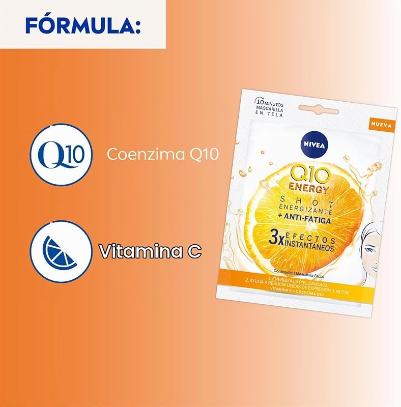 Q10 Energy Mascarilla de Tejido con Vitamina C (1 ud) - Mascarilla Antiarrugas, 3 Efectos Instantáneos, Coenzima Q10, Vitaminas - Piel Seca, Mixta, Normal - 1 Unidad