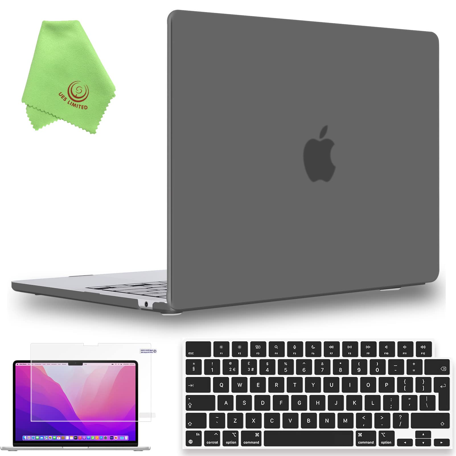 UESWILL Compatible with MacBook Air 13 inch M5 M4 M3 M2 Case 2022-2026 Model A3449 A3240 A3113 A2681 Mac Air 13.6, Matte Hard Shell Case + Keyboard Cover + Screen Protector, Gray