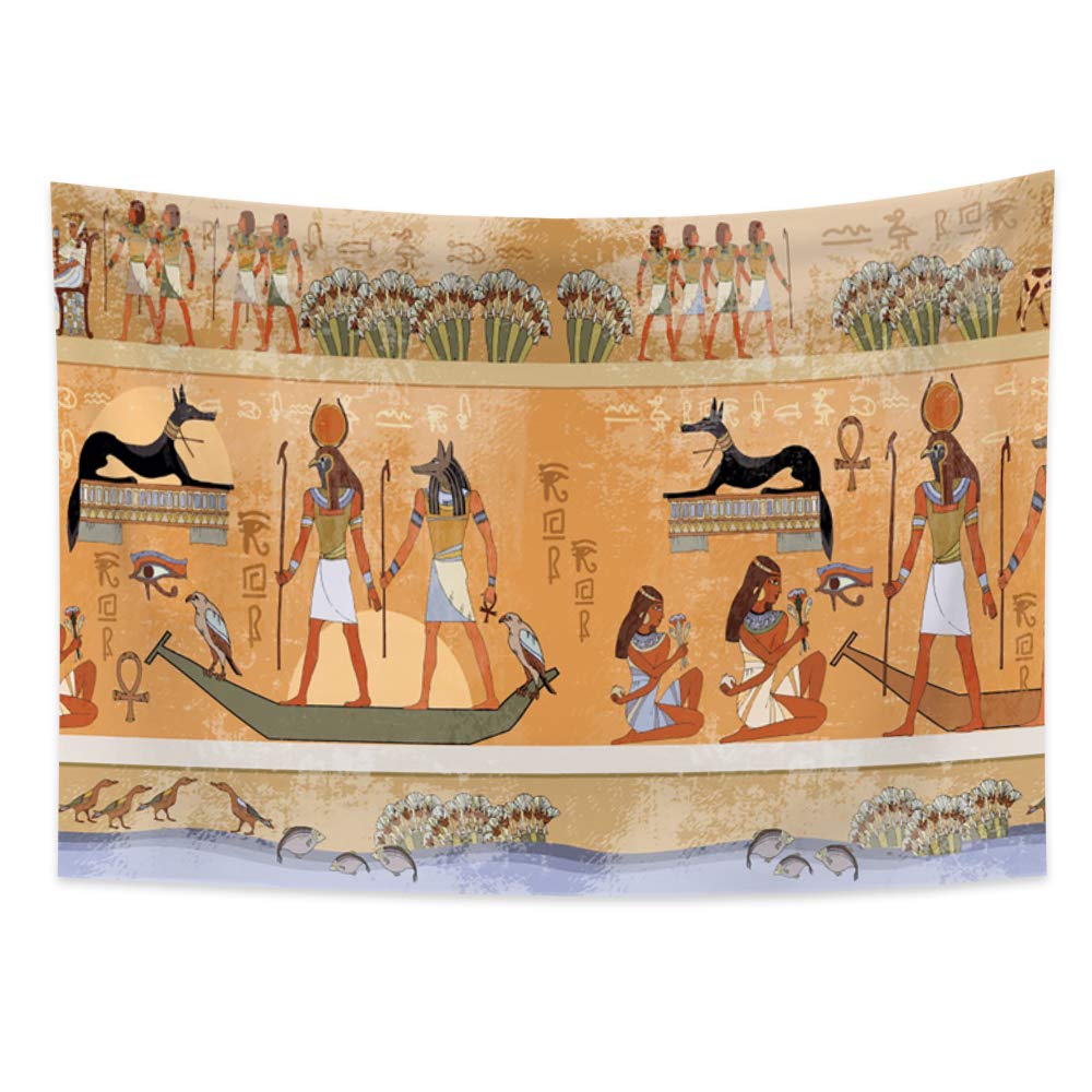 YONGFOTO 220x150cm Ancient Egypt Tapestry, Egyptian Gods Pharaohs Tapestries Black Color Dog Birds Boat Hieroglyphic Carvings Mythology Hanging Tapestry for Living Room Dorm Decor Sofa Cover Carpet