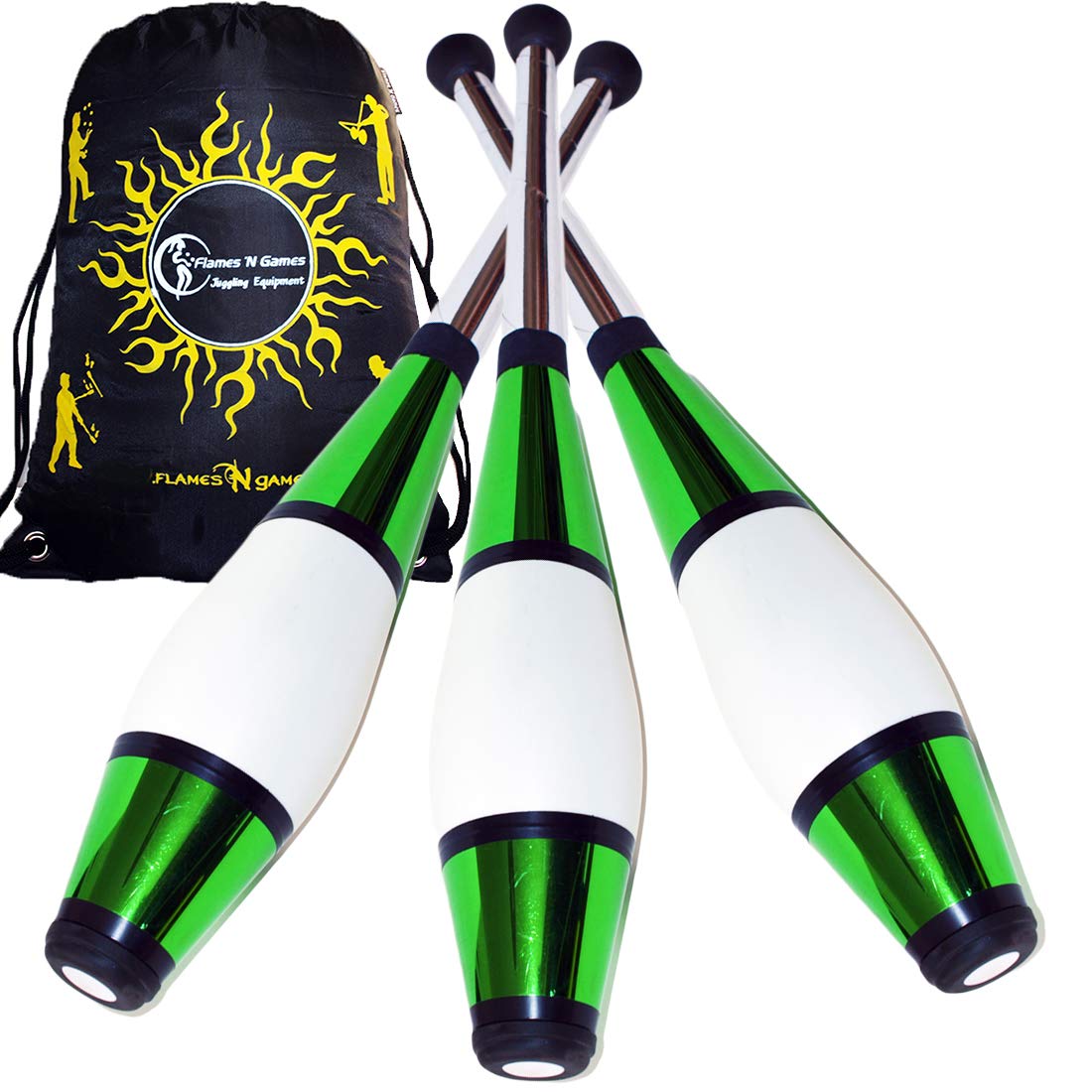 Juggle Dream EURO PRO Juggling Clubs Set of 3 (12 Colour Combos!) Metallic Deco Trainer Clubs + Flames N Games Travel Bag! Great Club Juggling Set For Beginners & Advanced Jugglers! (Green)