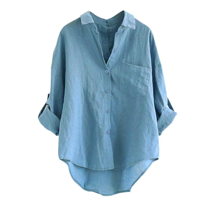 Blusen Damen Frühling Sommer Langarm Tunika Revers Leinenbluse Unifarben Elegante Festlich Fashion Leichte Jungen Casual Butt