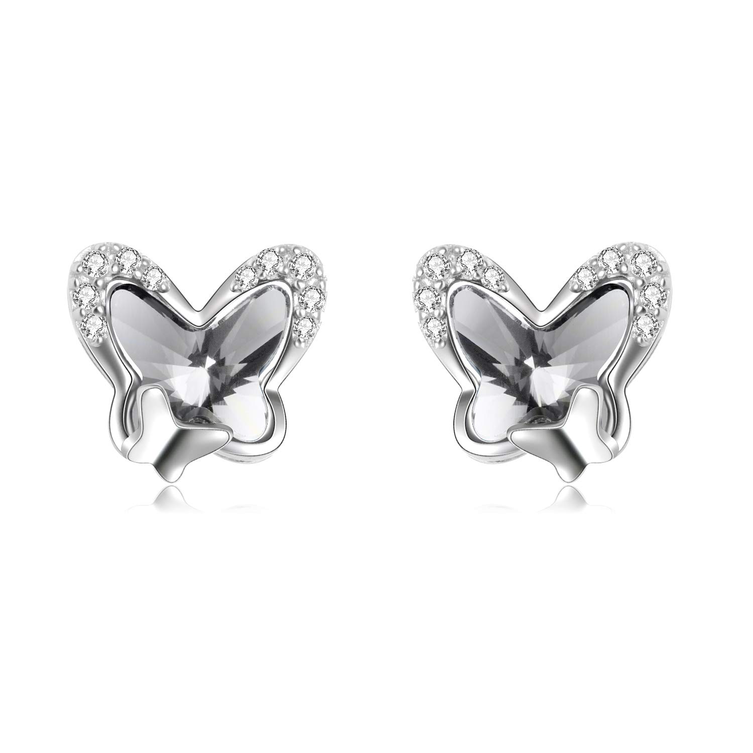 Sterling Silver Butterfly Stud Earrings, Butterfly Jewellery Birthday Gifts for Women Girls Her Daughter (White)