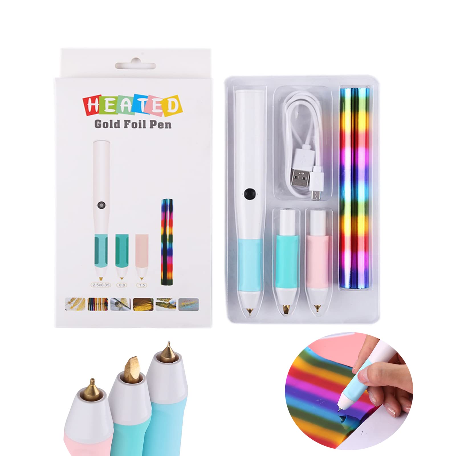 3 Size Tips Heat Foil Pens & 1pcs Heat Activated Foil Roll Sets for Card Making Scrapbooking Tools All in One Kits Drawing Pen USB Powered DC5V Foil Quill Starter Kits for Scrapbooking Crafting Tool