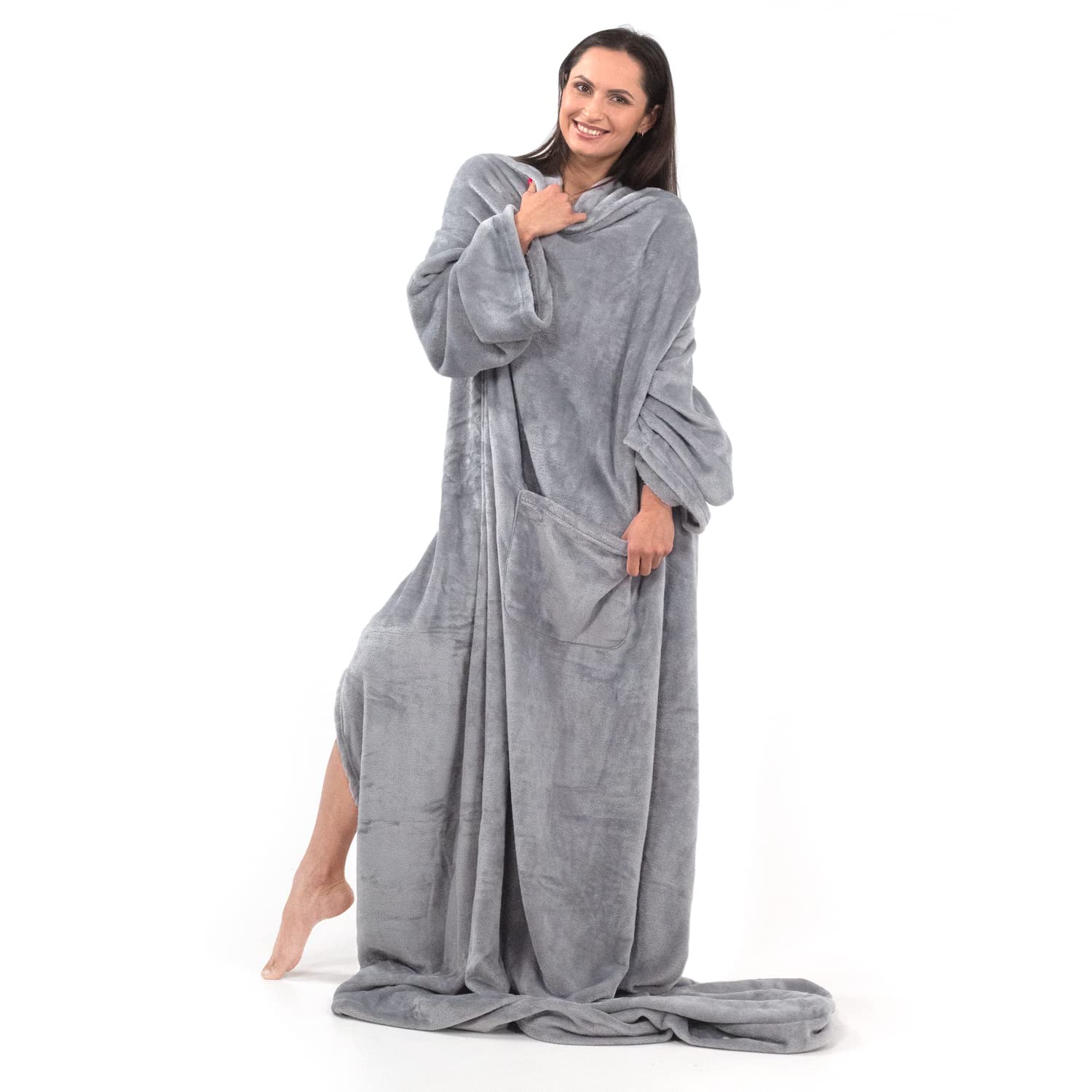 DecoKing 150 x 180 cm, TV microfibre cuddly blanket with sleeves and pockets, microfibre soft and fluffy fleece blanket, Microfibre, steel, 150 x 180 cm